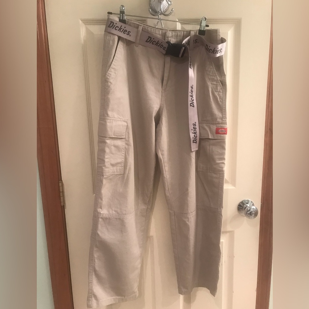 Dickies for Girls Size  7/28 tan cargo  pant with oversized belt.